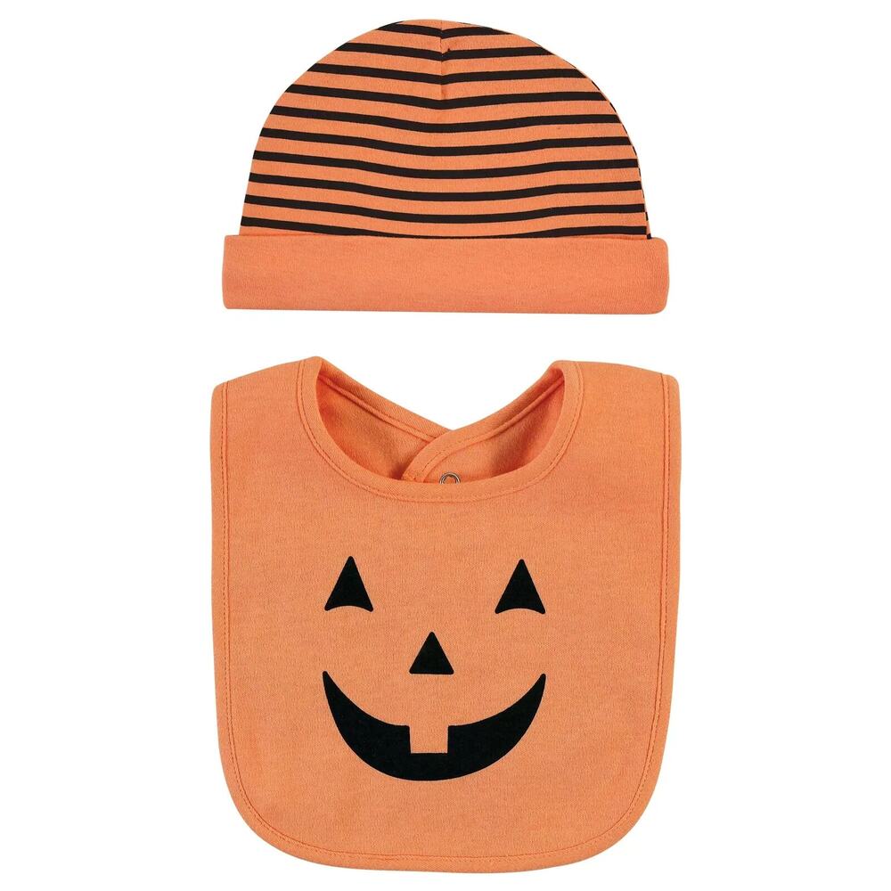 Hudson Baby Unisex Baby Cotton Bib & Headband or Caps Set Pumpkin One Size 0-6M - Picture 5 of 12